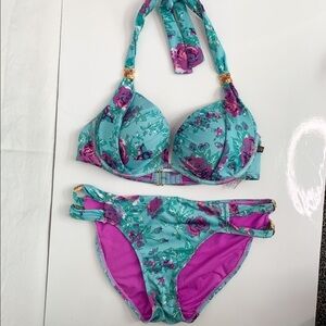 LE VIE EN ROSE Aqua Floral Bejeweled Bikini (M, L) (🦩2 for $25)